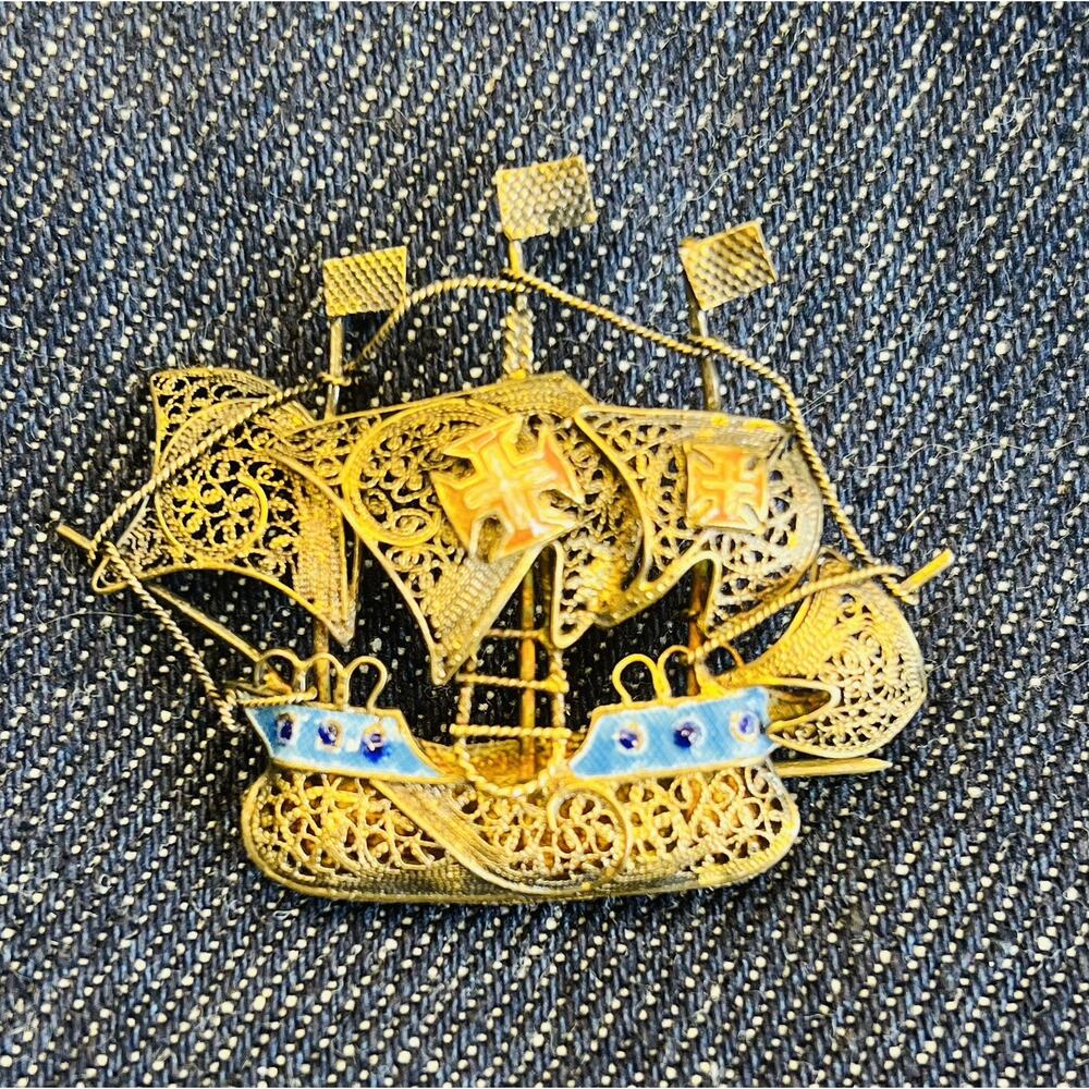 Old Sailing Ship Pin Enamel Galleon 2” X 1.5”